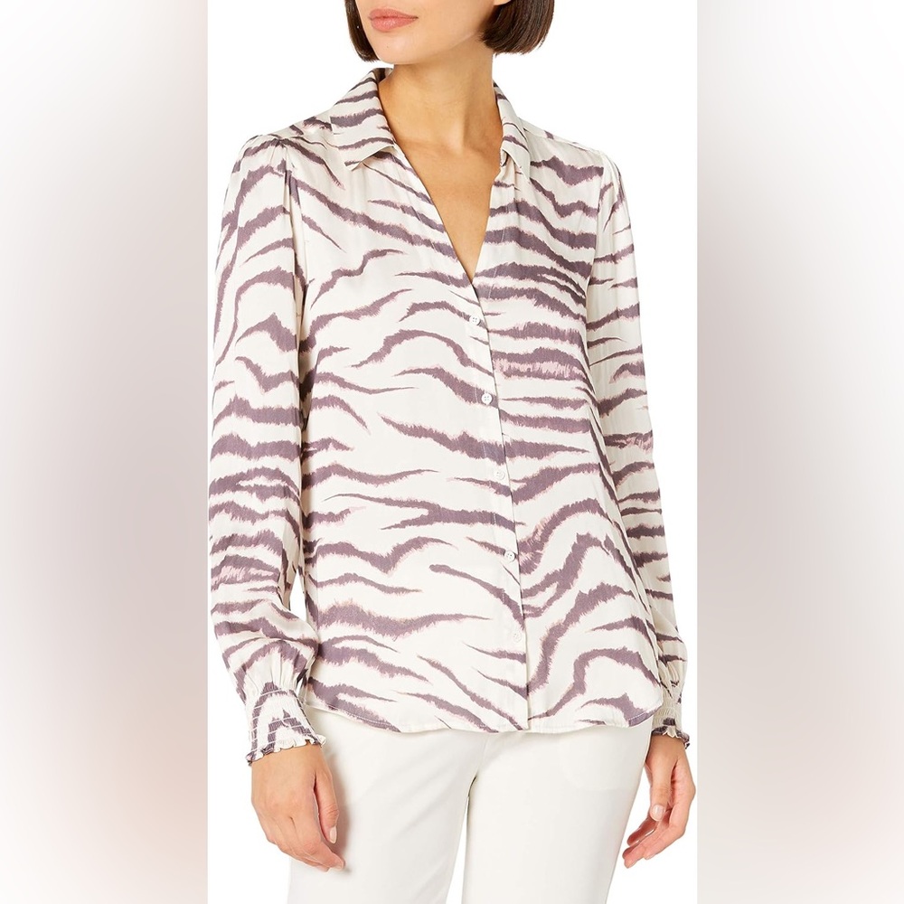 Paige Renay button-up top in a gardenia and rose taupe animal print